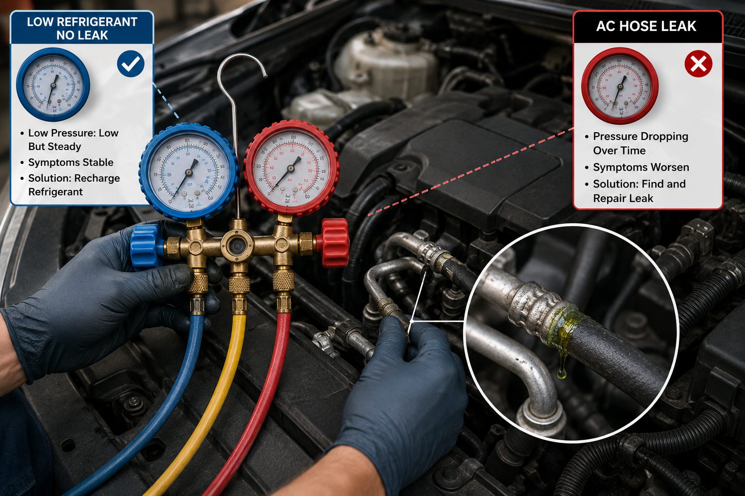 Low refrigerant vs leak symptoms